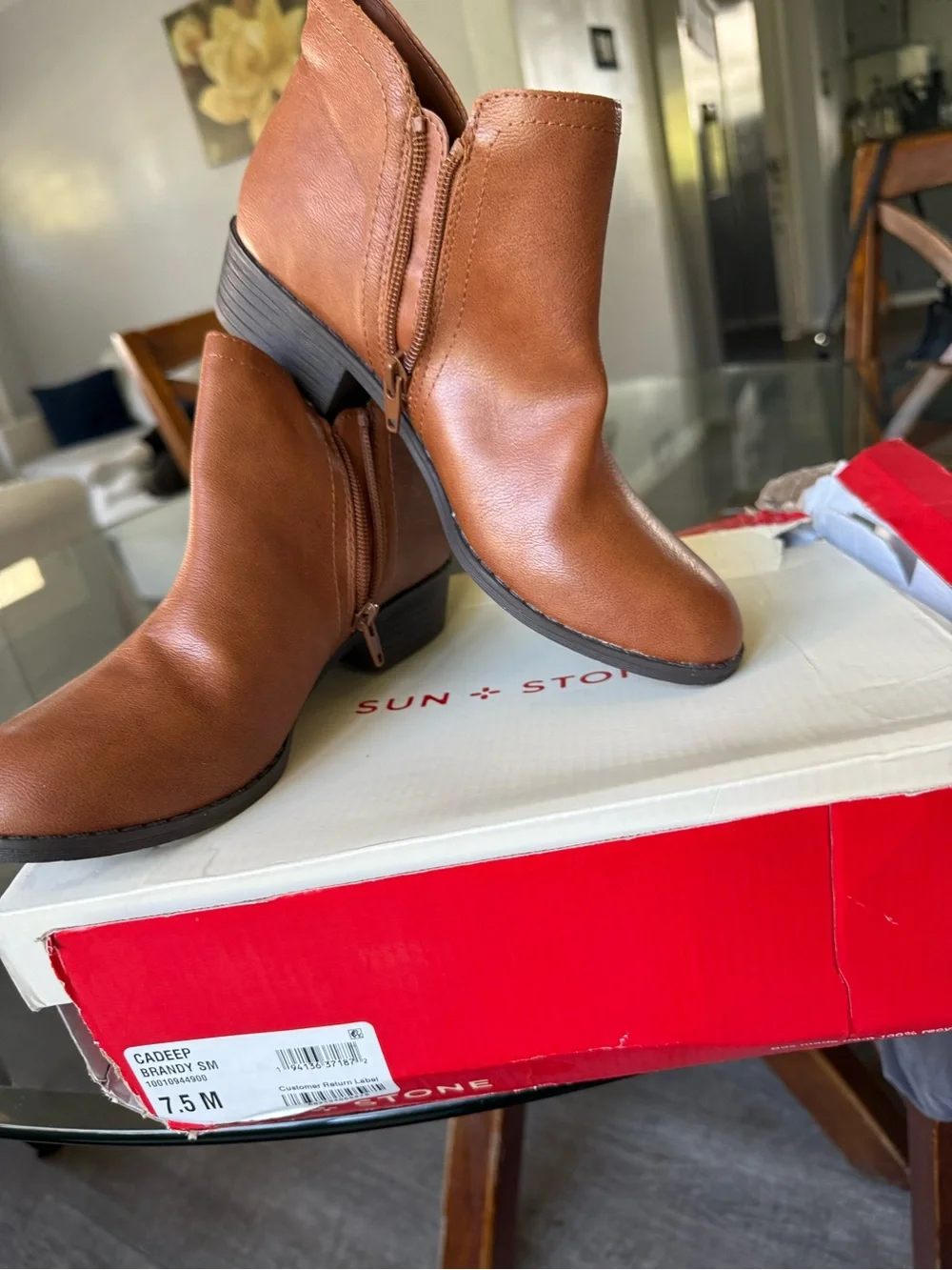 Sun + Stone Tan Leather-Look Ankle Booties with Side Zipper